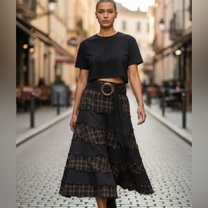 Whimsigoth Tiered Ruffled Distressed Edges Belted Maxi Skirt Italy Vintage M 13